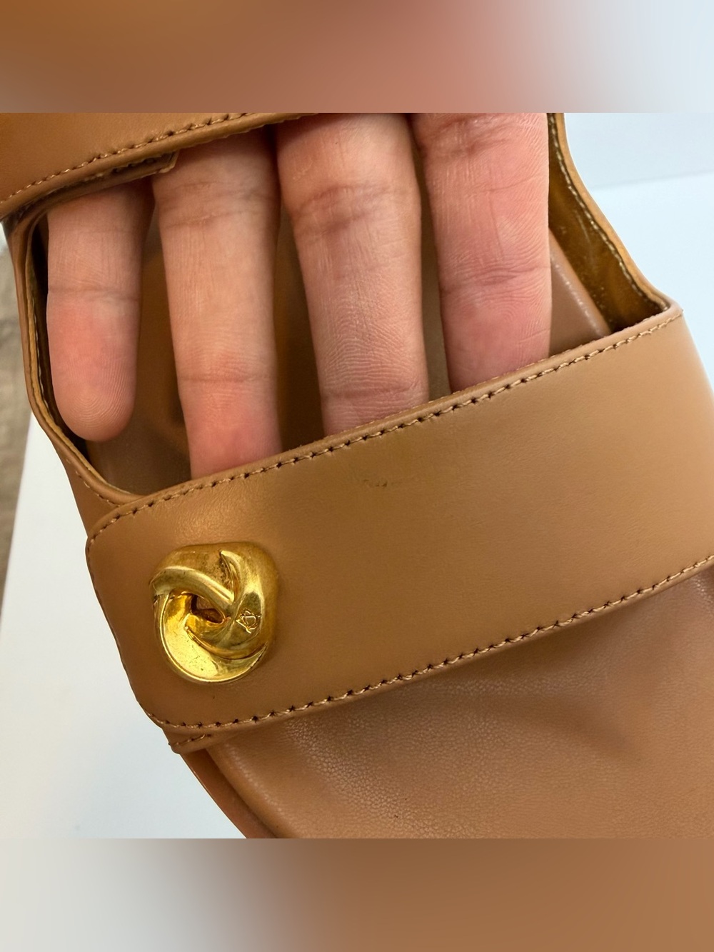Donna Karan Hazley Cognac Leather Slip-On Sandals Double Strap Gold Accents 9 - Picture 12 of 15
